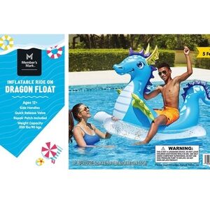 NIB Member's Mark Fun Inflatable Ride On Pool Float with Side Handles - Dragon